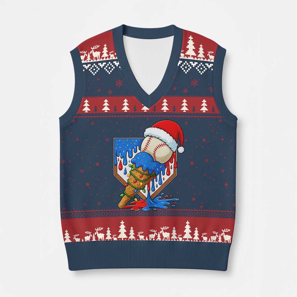 Xmas Baseball Ice Cream Drip V-Neck Knit Sweater Vest Santa Sports Player Xmas Light Boys Baseball Bat TS10 Navy Red Print Your Wear