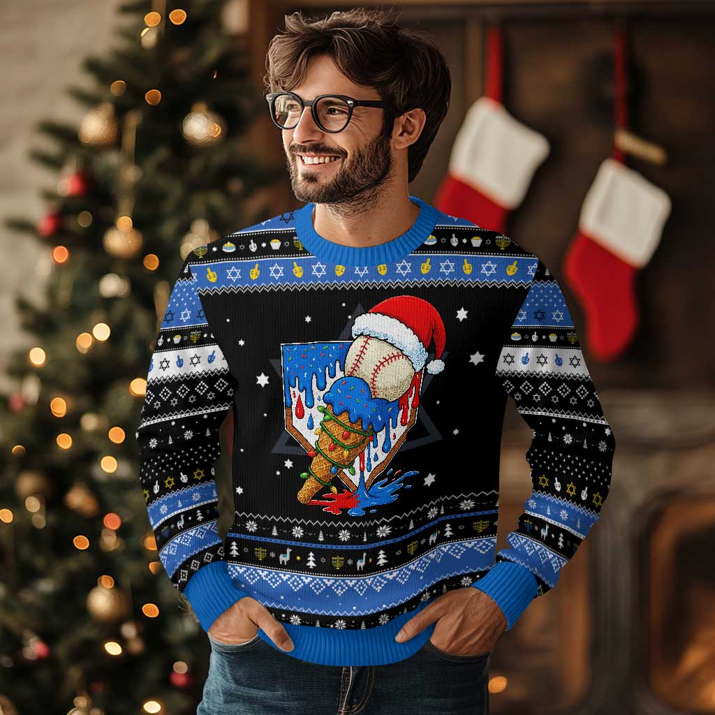 Christmas Baseball Ice Cream Drip Hanukkah Ugly Sweater Santa Sports Player Xmas Light Boys Baseball Bat TS10 Black Blue Print Your Wear