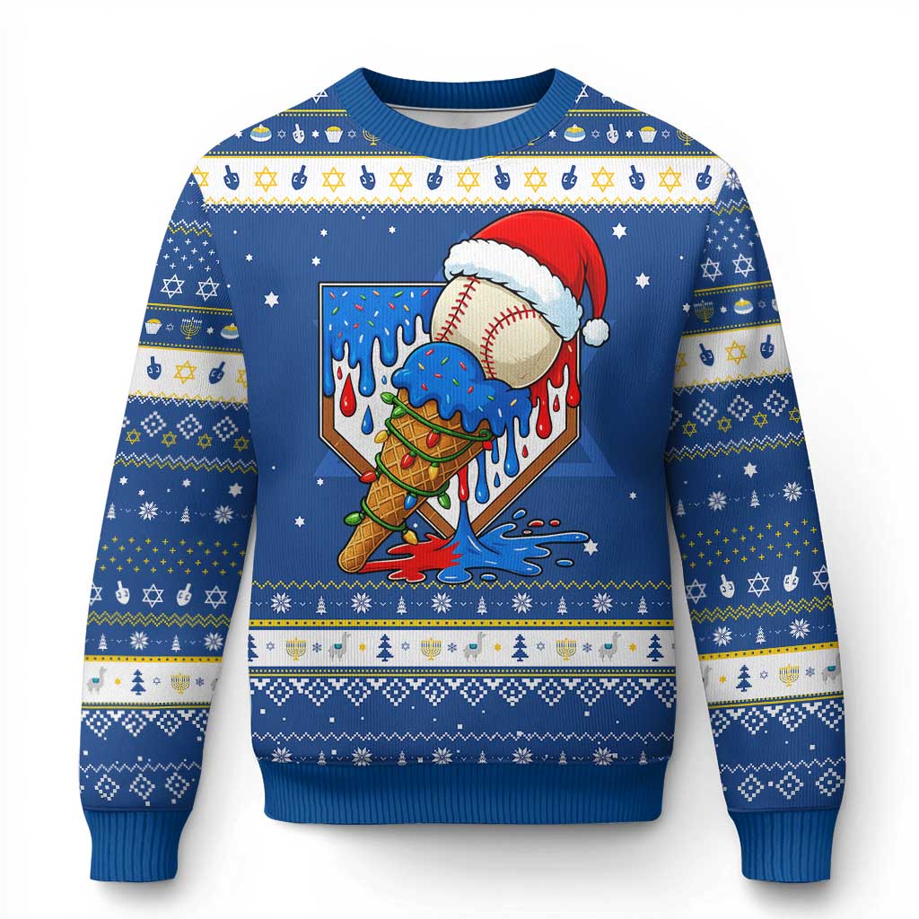 Christmas Baseball Ice Cream Drip Hanukkah Ugly Sweater Santa Sports Player Xmas Light Boys Baseball Bat TS10 Blue White Print Your Wear