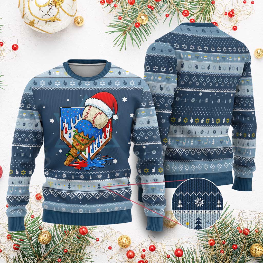 Christmas Baseball Ice Cream Drip Hanukkah Ugly Sweater Santa Sports Player Xmas Light Boys Baseball Bat TS10 Navy Light Blue Print Your Wear