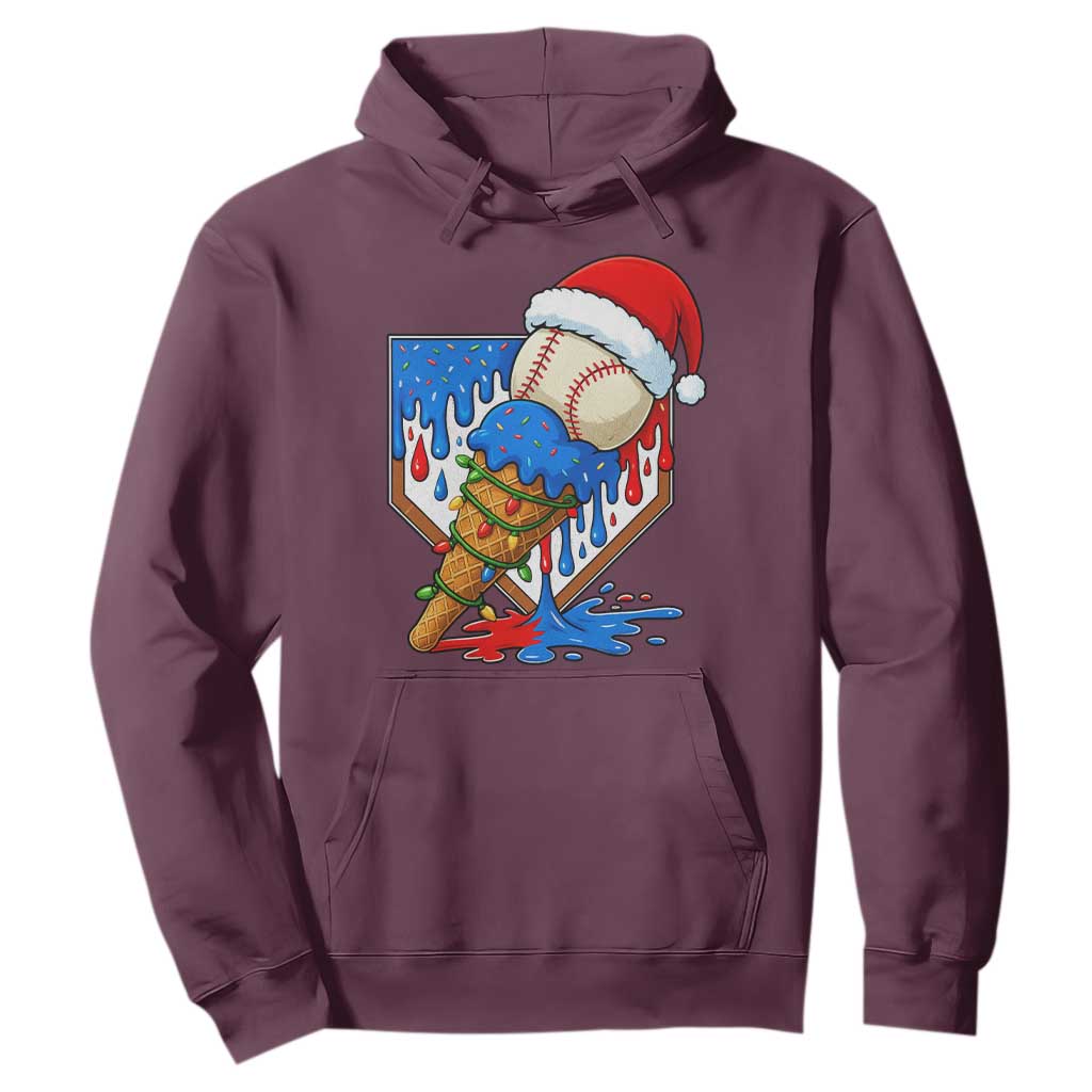 Christmas Baseball Ice Cream Drip Hoodie Santa Sports Player Xmas Light Boys Baseball Bat TS10 Maroon Print Your Wear