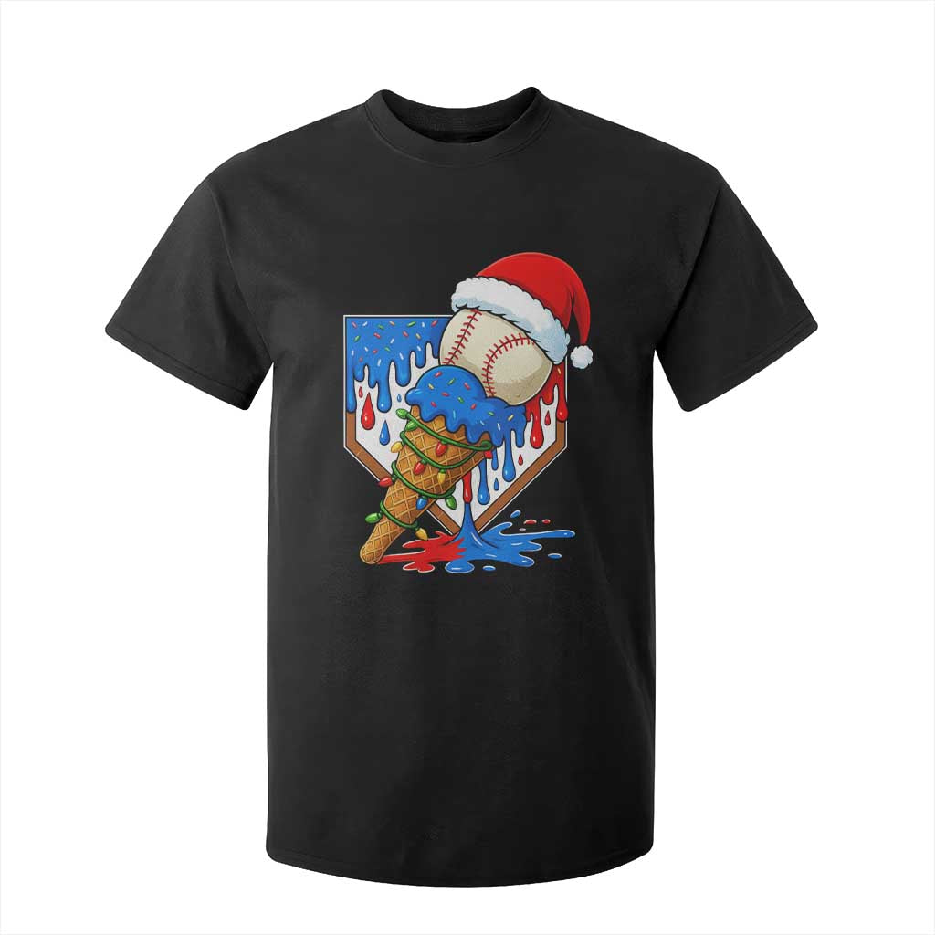 Christmas Baseball Ice Cream Drip T Shirt For Kid Santa Sports Player Xmas Light Boys Baseball Bat TS10 Black Print Your Wear