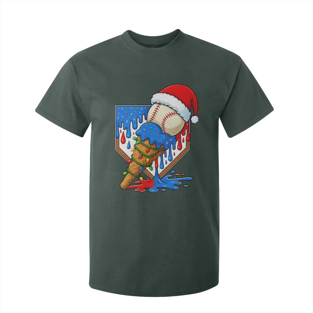 Christmas Baseball Ice Cream Drip T Shirt For Kid Santa Sports Player Xmas Light Boys Baseball Bat TS10 Dark Forest Green Print Your Wear