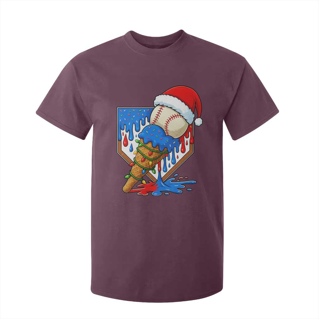 Christmas Baseball Ice Cream Drip T Shirt For Kid Santa Sports Player Xmas Light Boys Baseball Bat TS10 Maroon Print Your Wear