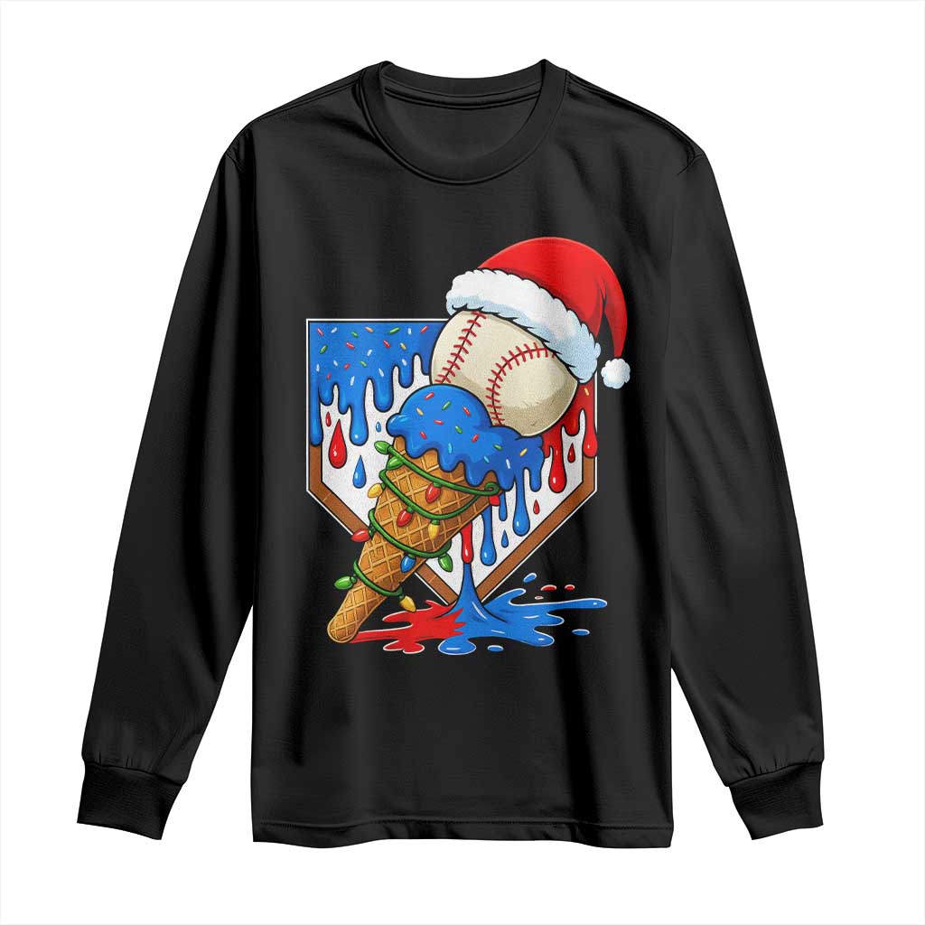 Christmas Baseball Ice Cream Drip Long Sleeve Shirt Santa Sports Player Xmas Light Boys Baseball Bat TS10 Black Print Your Wear
