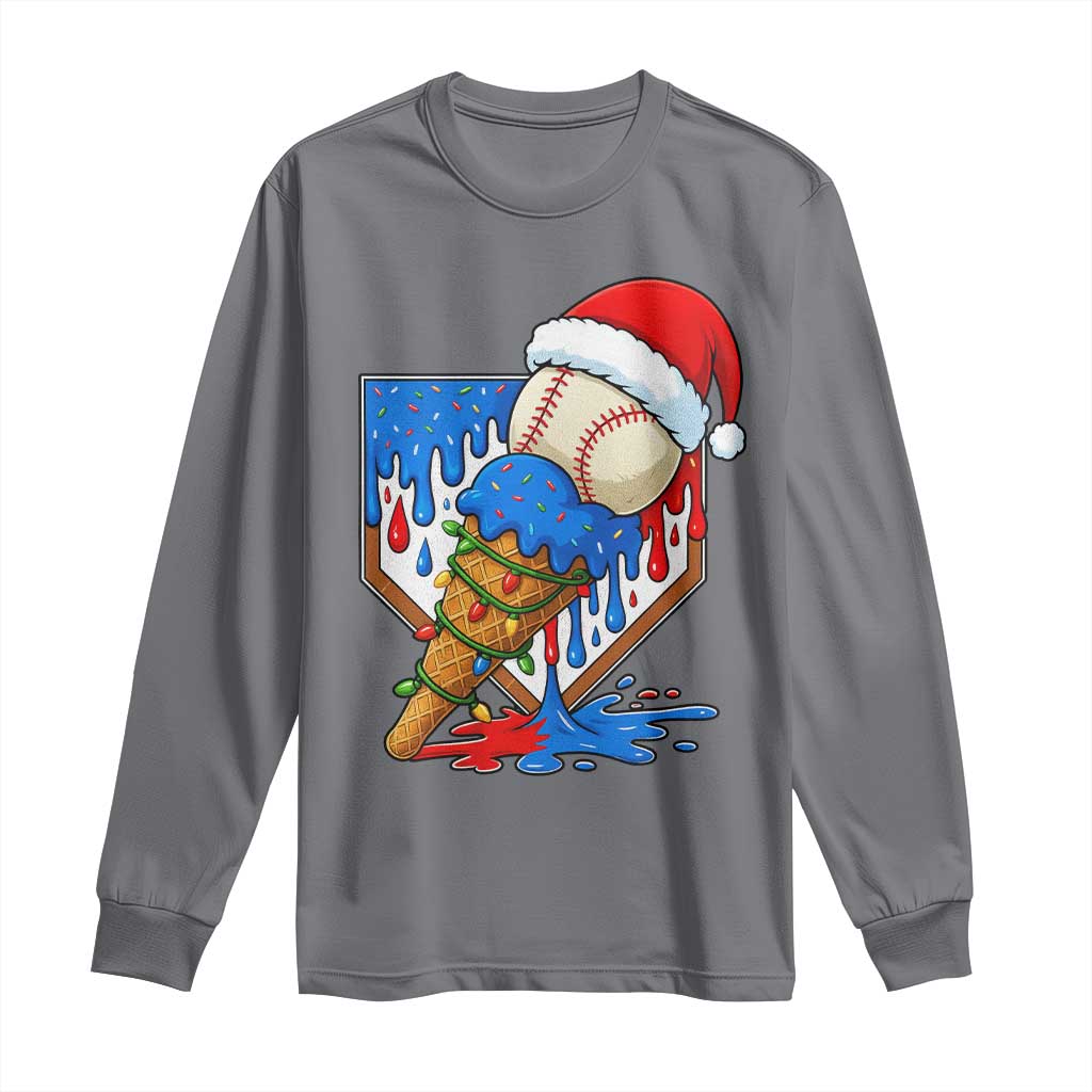 Christmas Baseball Ice Cream Drip Long Sleeve Shirt Santa Sports Player Xmas Light Boys Baseball Bat TS10 Charcoal Print Your Wear