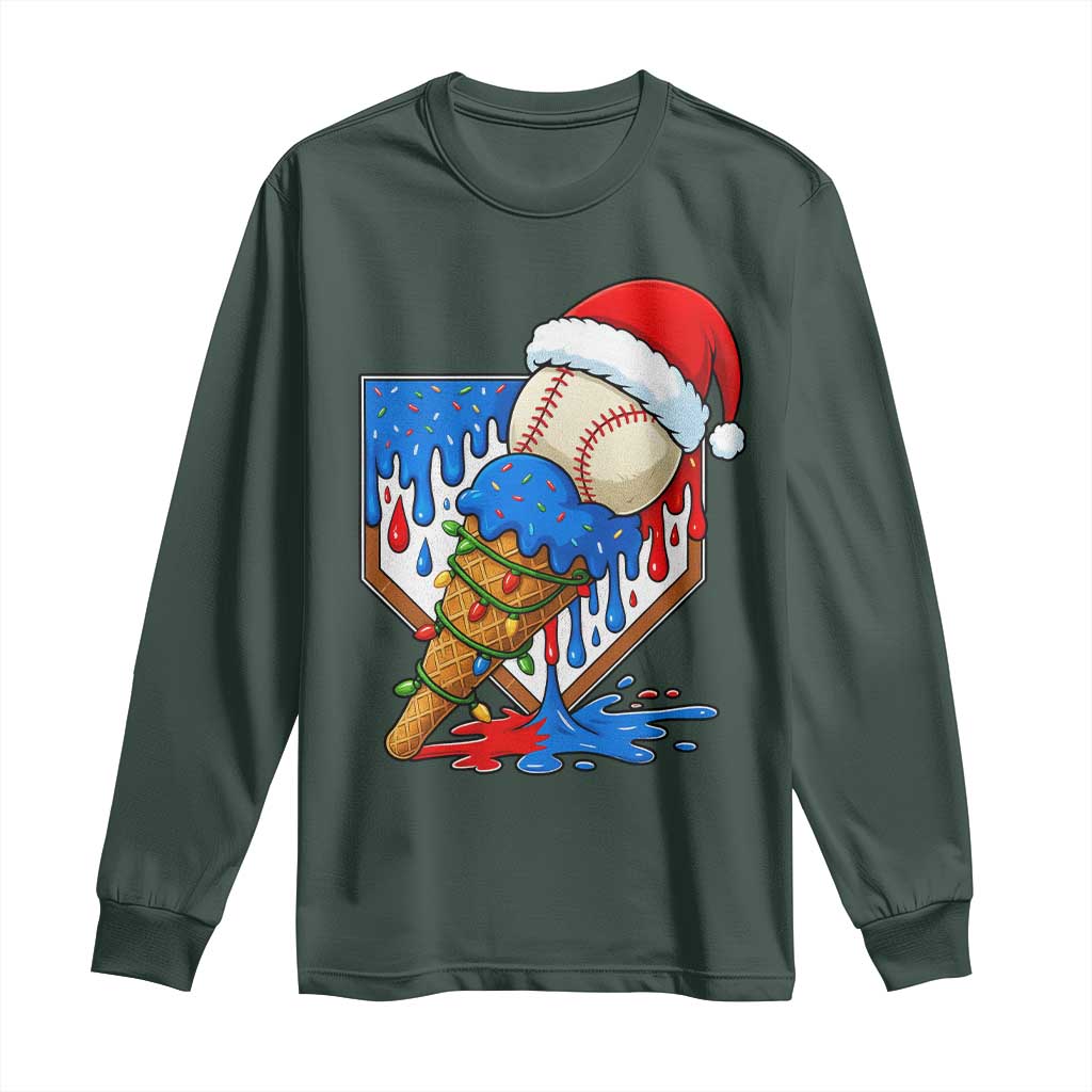 Christmas Baseball Ice Cream Drip Long Sleeve Shirt Santa Sports Player Xmas Light Boys Baseball Bat TS10 Dark Forest Green Print Your Wear