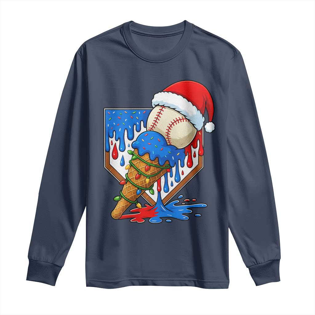 Christmas Baseball Ice Cream Drip Long Sleeve Shirt Santa Sports Player Xmas Light Boys Baseball Bat TS10 Navy Print Your Wear
