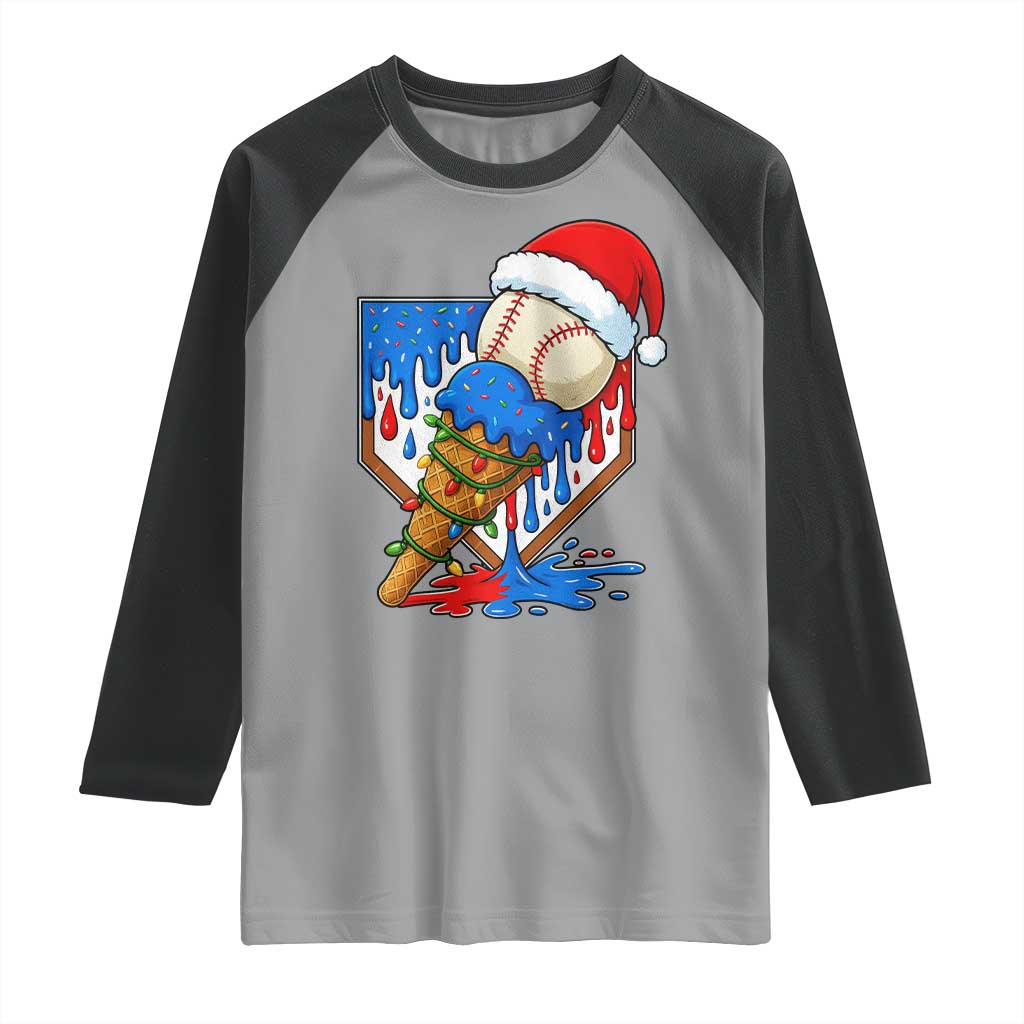 Christmas Baseball Ice Cream Drip Raglan Shirt Santa Sports Player Xmas Light Boys Baseball Bat TS10 Sport Gray Black Print Your Wear