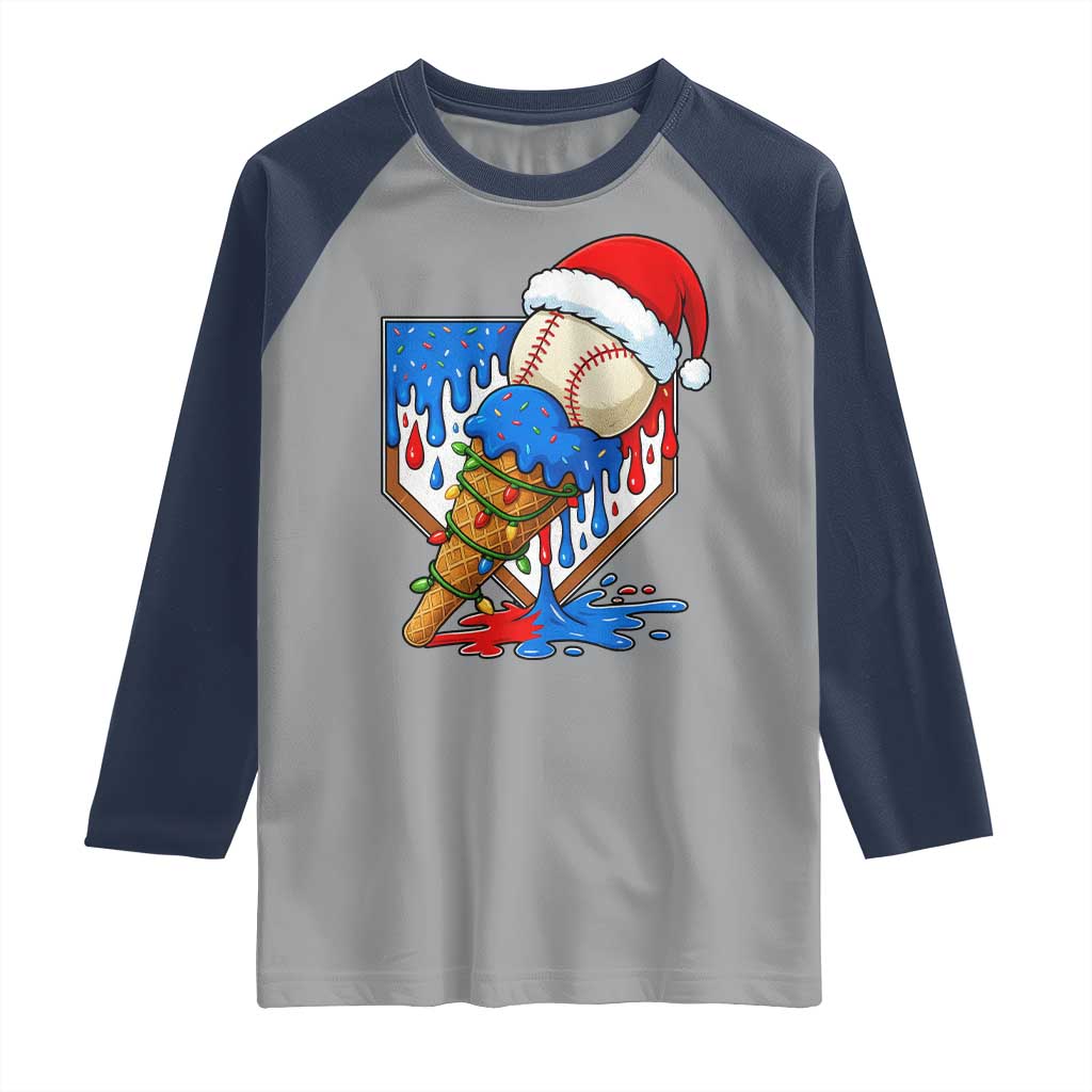 Christmas Baseball Ice Cream Drip Raglan Shirt Santa Sports Player Xmas Light Boys Baseball Bat TS10 Sport Gray Navy Print Your Wear