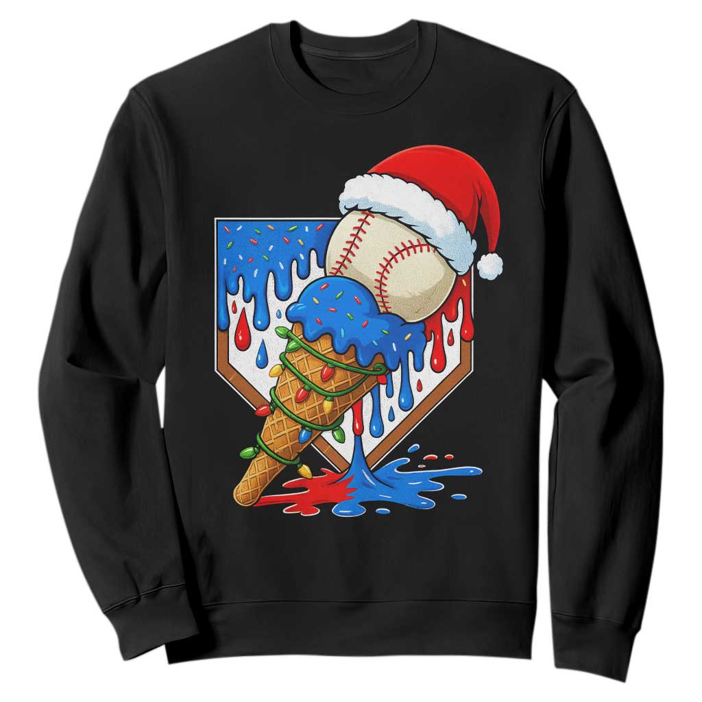 Christmas Baseball Ice Cream Drip Sweatshirt Santa Sports Player Xmas Light Boys Baseball Bat TS10 Black Print Your Wear