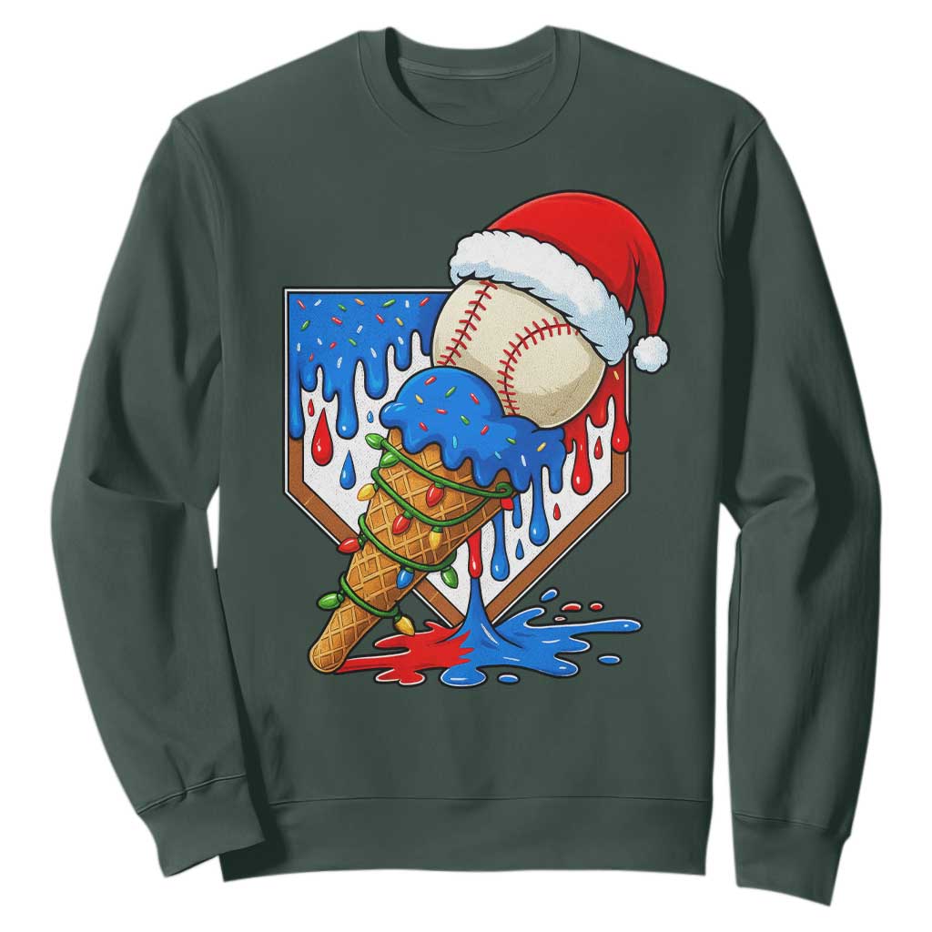 Christmas Baseball Ice Cream Drip Sweatshirt Santa Sports Player Xmas Light Boys Baseball Bat TS10 Dark Forest Green Print Your Wear