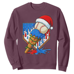 Christmas Baseball Ice Cream Drip Sweatshirt Santa Sports Player Xmas Light Boys Baseball Bat TS10 Maroon Print Your Wear