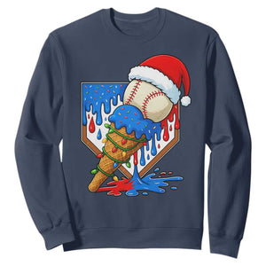 Christmas Baseball Ice Cream Drip Sweatshirt Santa Sports Player Xmas Light Boys Baseball Bat TS10 Navy Print Your Wear