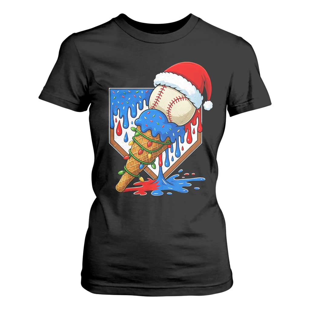 Christmas Baseball Ice Cream Drip T Shirt For Women Santa Sports Player Xmas Light Boys Baseball Bat TS10 Black Print Your Wear