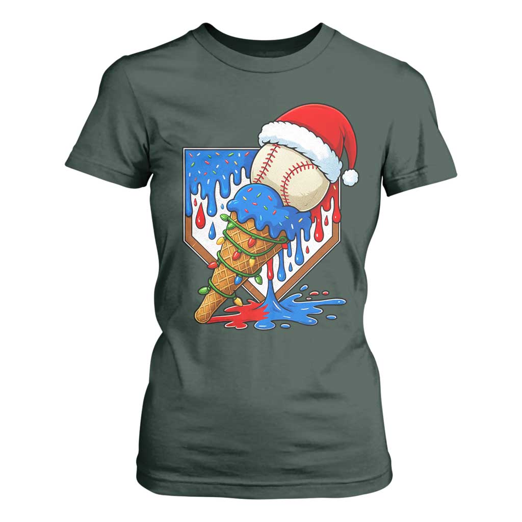 Christmas Baseball Ice Cream Drip T Shirt For Women Santa Sports Player Xmas Light Boys Baseball Bat TS10 Dark Forest Green Print Your Wear