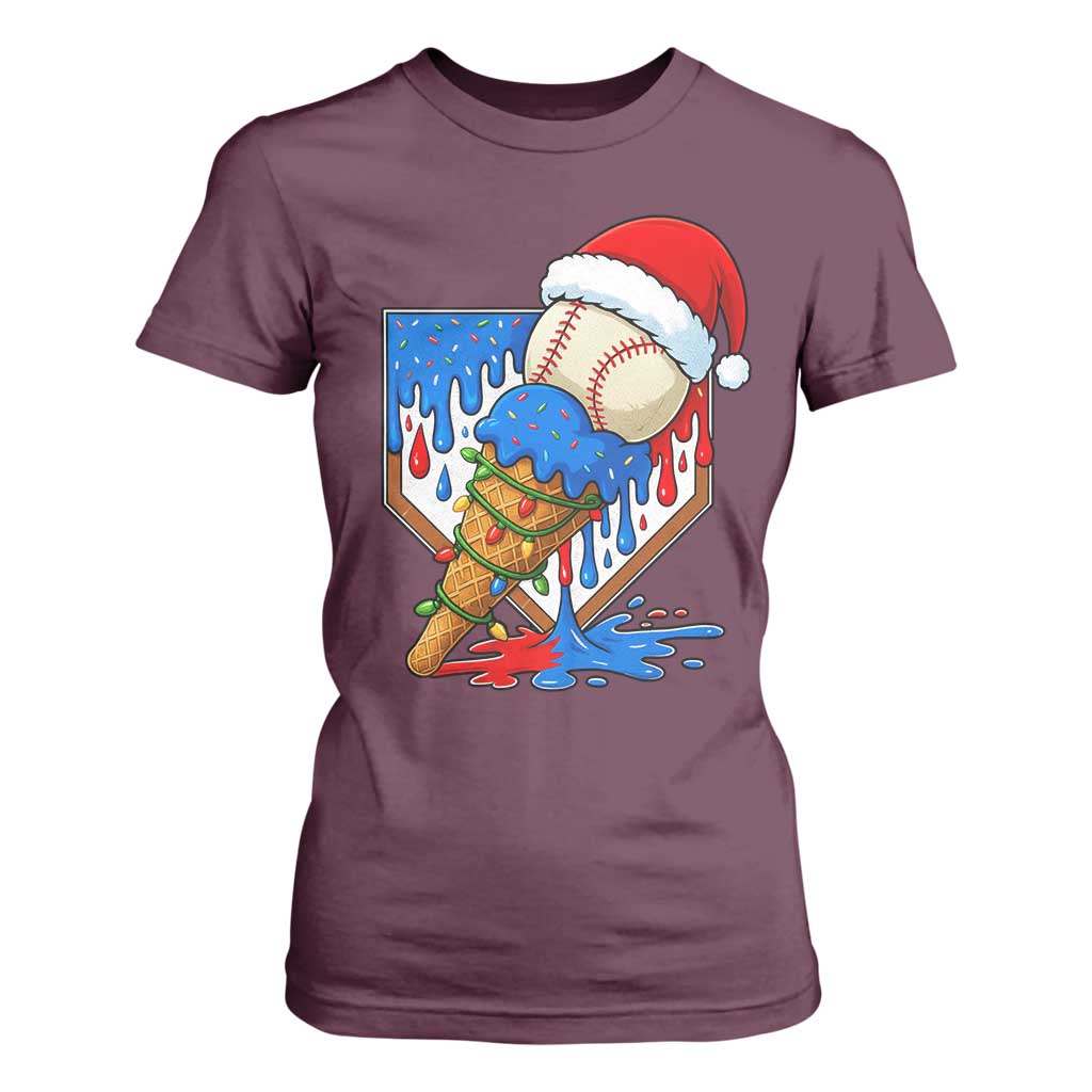 Christmas Baseball Ice Cream Drip T Shirt For Women Santa Sports Player Xmas Light Boys Baseball Bat TS10 Maroon Print Your Wear