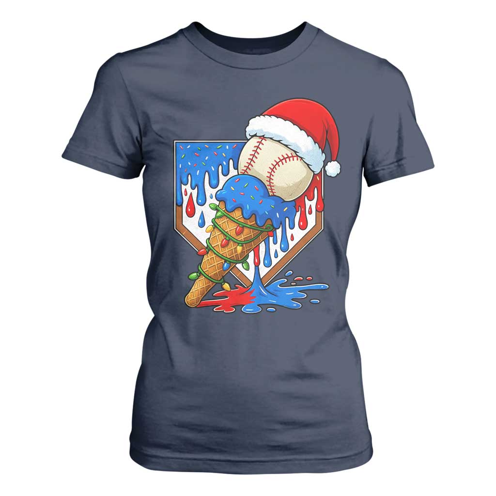Christmas Baseball Ice Cream Drip T Shirt For Women Santa Sports Player Xmas Light Boys Baseball Bat TS10 Navy Print Your Wear