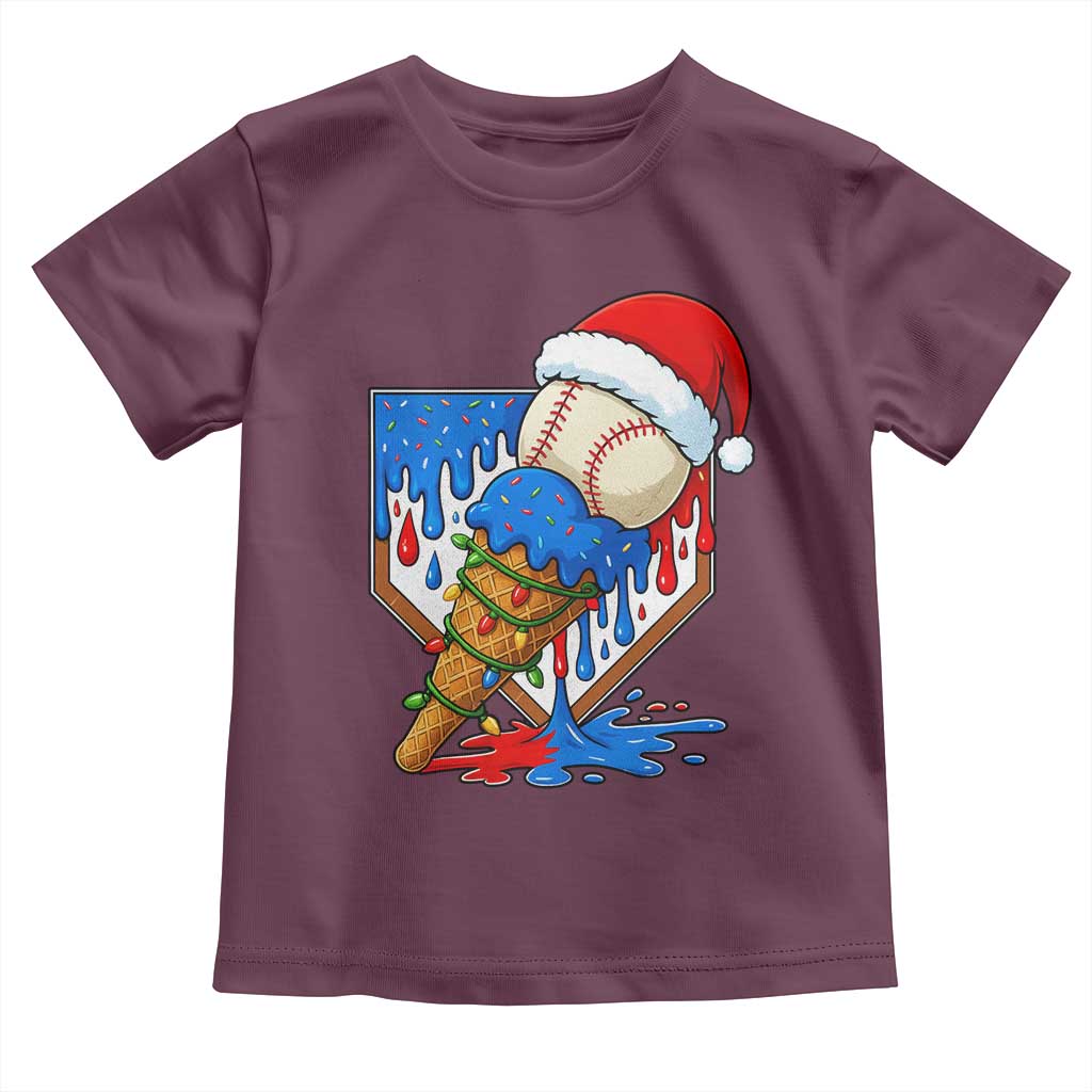 Christmas Baseball Ice Cream Drip Toddler T Shirt Santa Sports Player Xmas Light Boys Baseball Bat TS10 Maroon Print Your Wear