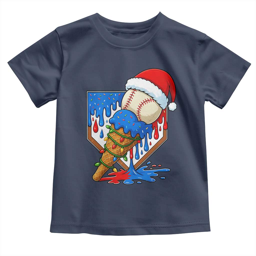 Christmas Baseball Ice Cream Drip Toddler T Shirt Santa Sports Player Xmas Light Boys Baseball Bat TS10 Navy Print Your Wear