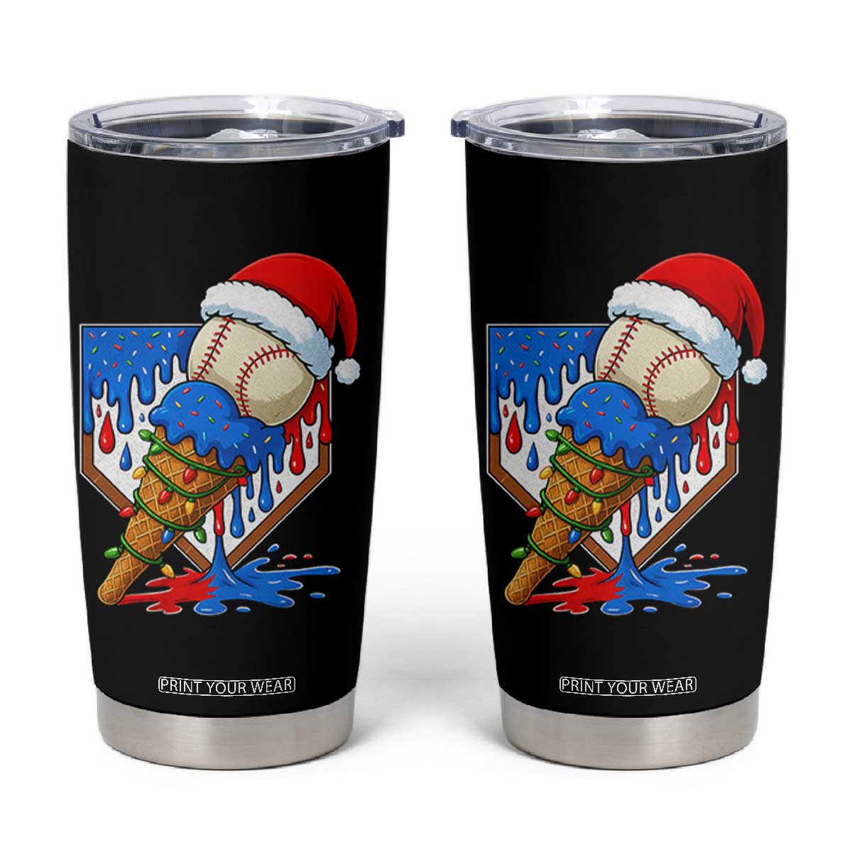 Christmas Baseball Ice Cream Drip Tumbler Cup Santa Sports Player Xmas Light Boys Baseball Bat TS10 Black Print Your Wear