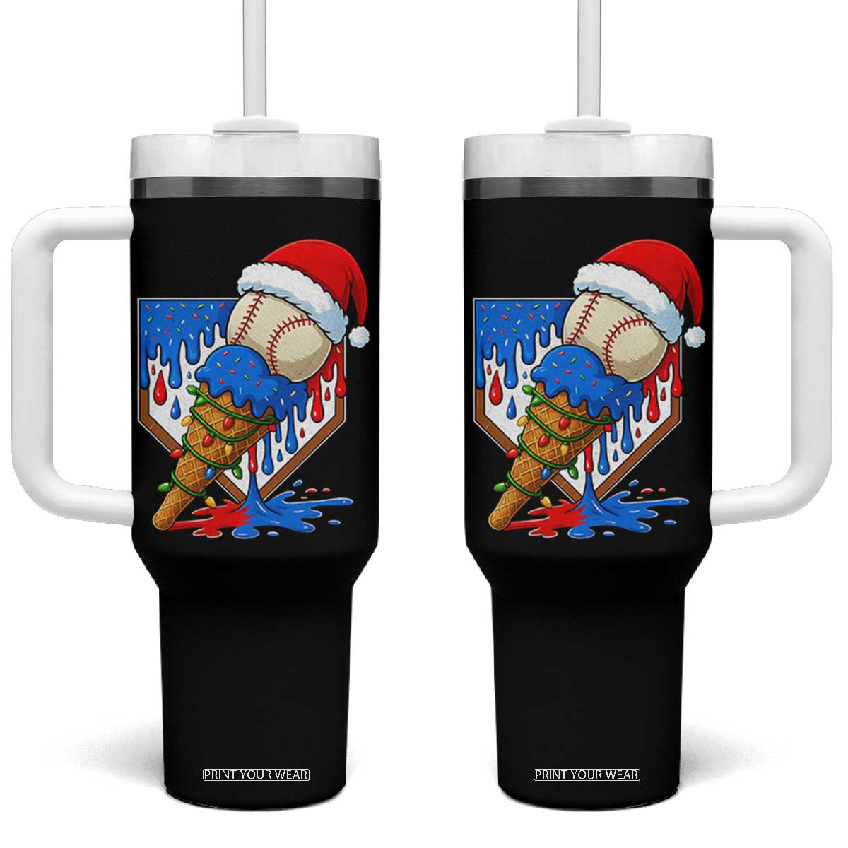 Christmas Baseball Ice Cream Drip Tumbler With Handle Santa Sports Player Xmas Light Boys Baseball Bat TS10 One Size: 40 oz Black Print Your Wear