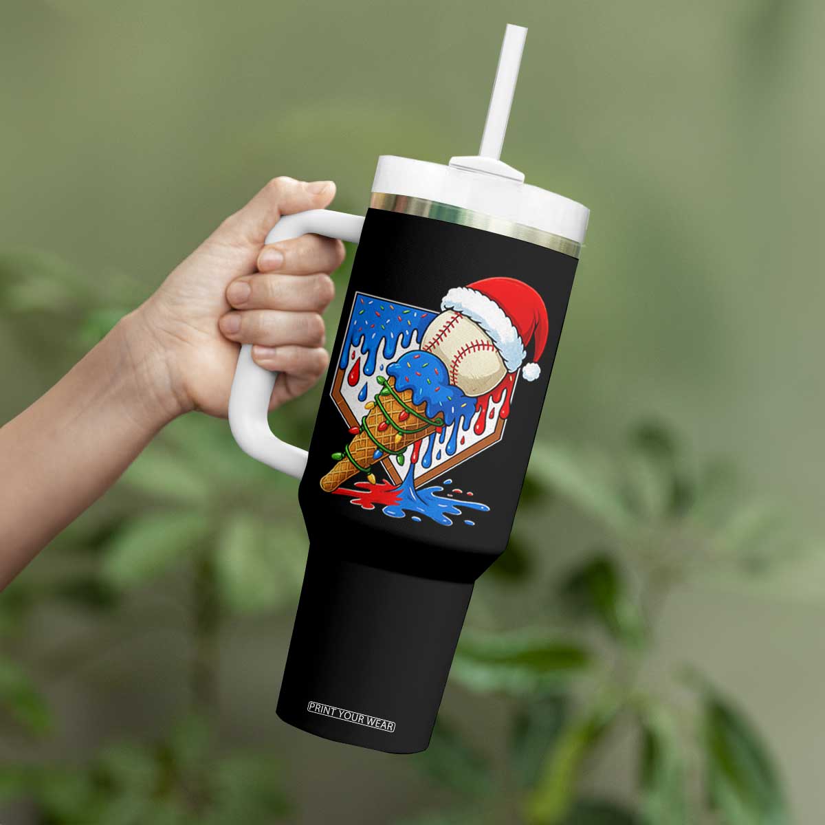 Christmas Baseball Ice Cream Drip Tumbler With Handle Santa Sports Player Xmas Light Boys Baseball Bat TS10 Print Your Wear