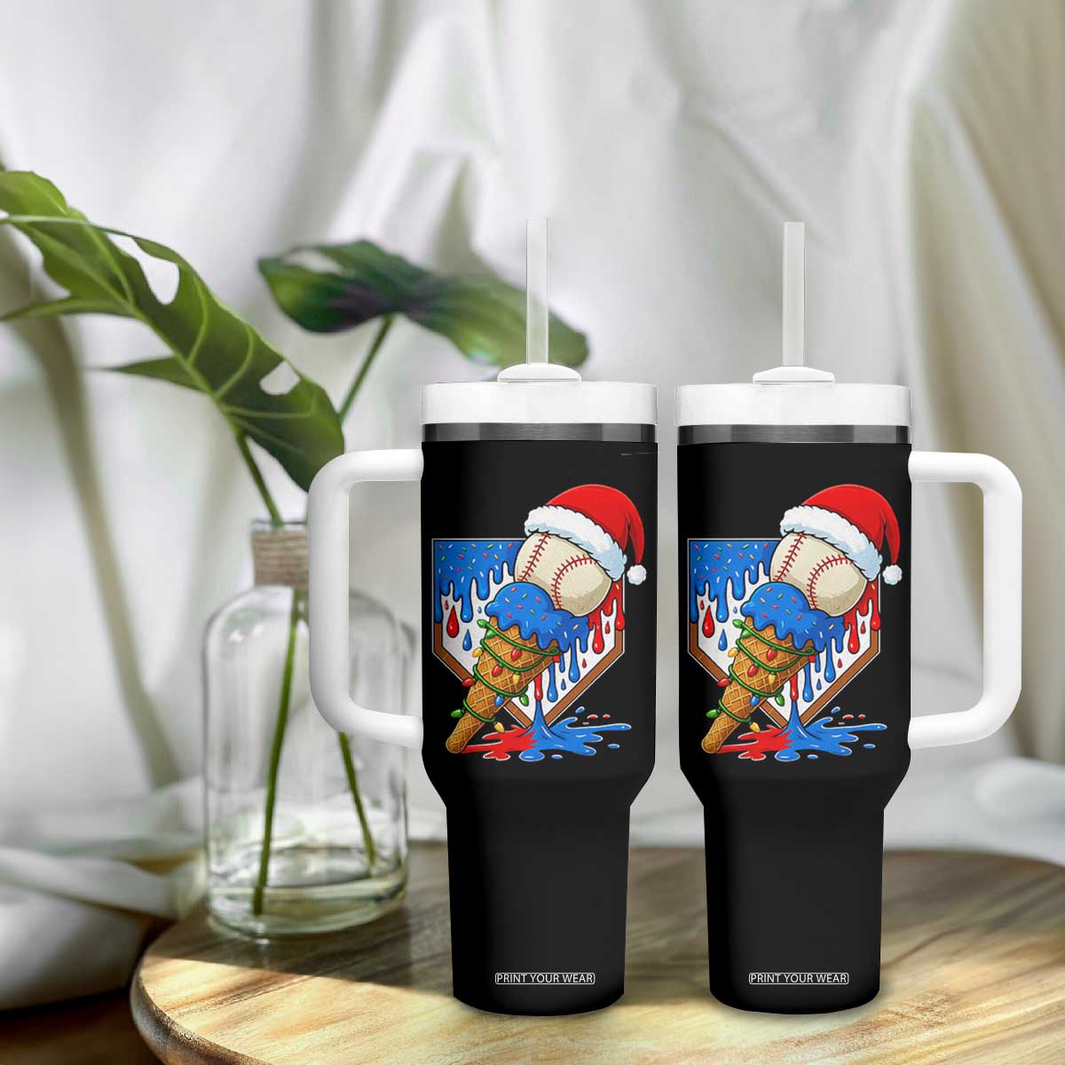 Christmas Baseball Ice Cream Drip Tumbler With Handle Santa Sports Player Xmas Light Boys Baseball Bat TS10 Print Your Wear