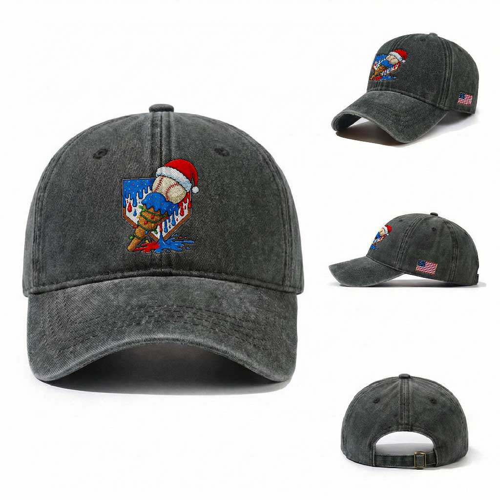 Christmas Baseball Ice Cream Drip Washed Cotton Baseball Cap Santa Sports Player Xmas Light Boys Baseball Bat TS10 Washed Cap Universal Fit Dark Green Print Your Wear