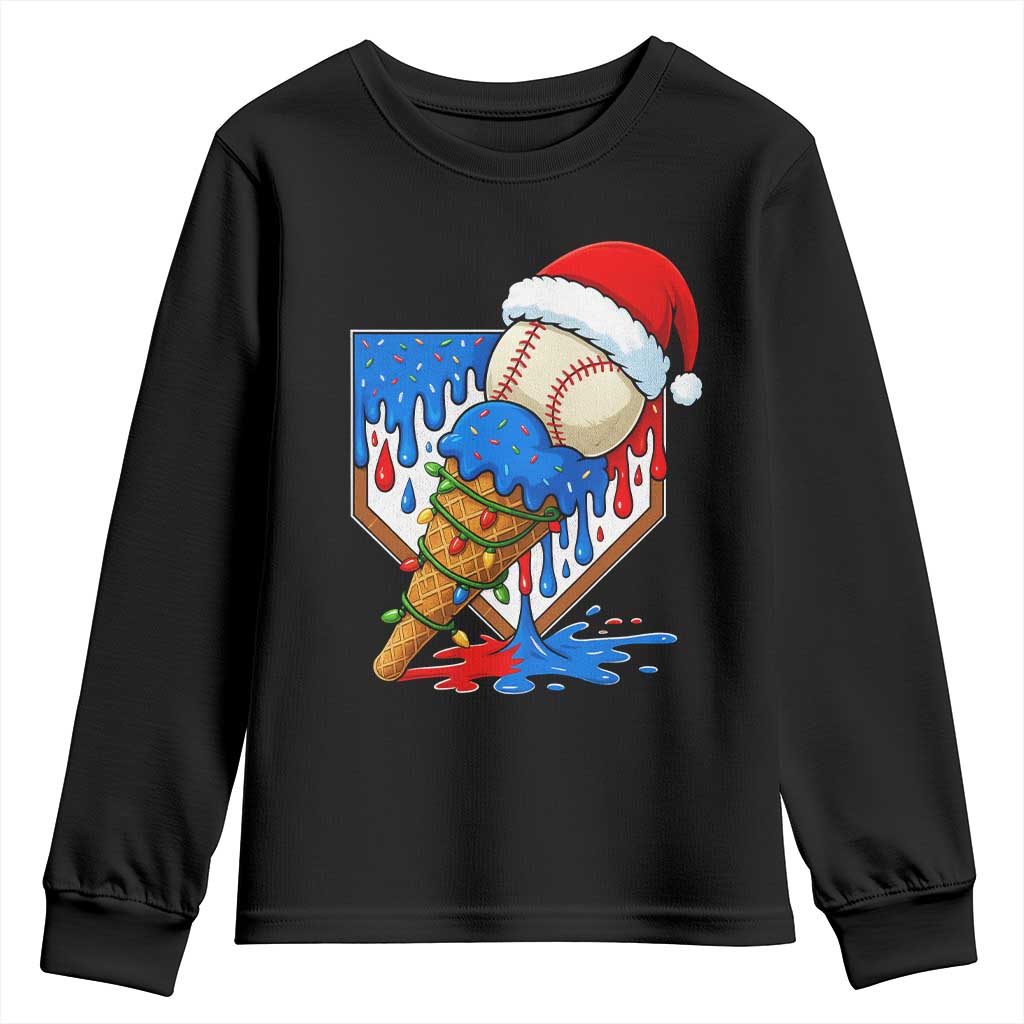 Christmas Baseball Ice Cream Drip Youth Sweatshirt Santa Sports Player Xmas Light Boys Baseball Bat TS10 Black Print Your Wear