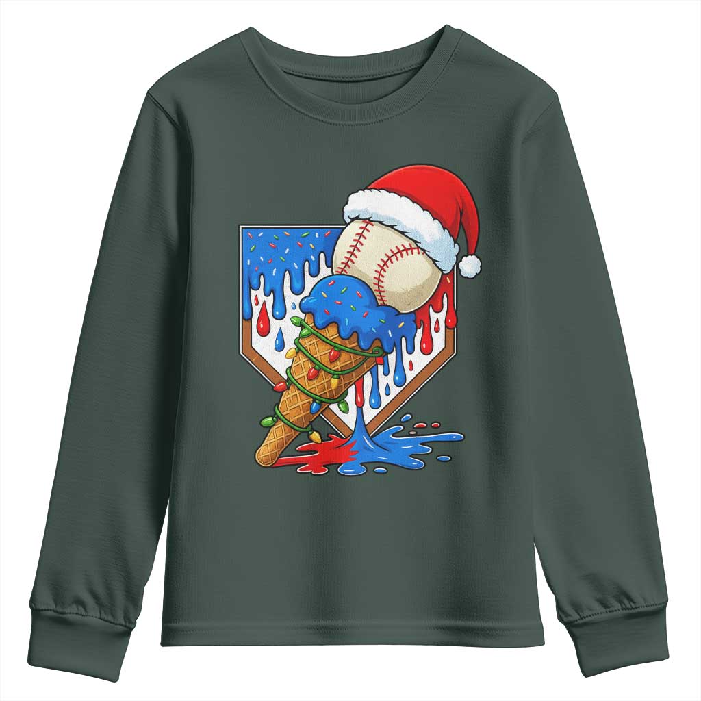 Christmas Baseball Ice Cream Drip Youth Sweatshirt Santa Sports Player Xmas Light Boys Baseball Bat TS10 Dark Forest Green Print Your Wear