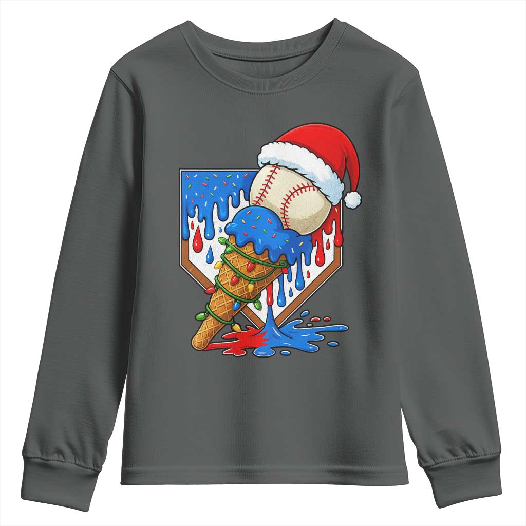 Christmas Baseball Ice Cream Drip Youth Sweatshirt Santa Sports Player Xmas Light Boys Baseball Bat TS10 Dark Heather Print Your Wear