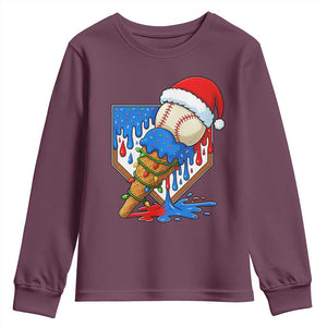 Christmas Baseball Ice Cream Drip Youth Sweatshirt Santa Sports Player Xmas Light Boys Baseball Bat TS10 Maroon Print Your Wear