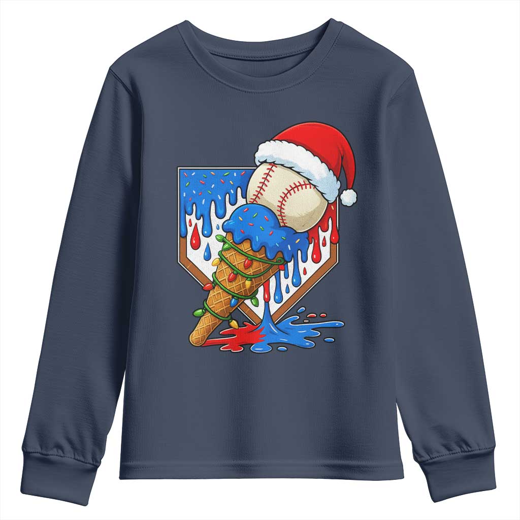 Christmas Baseball Ice Cream Drip Youth Sweatshirt Santa Sports Player Xmas Light Boys Baseball Bat TS10 Navy Print Your Wear