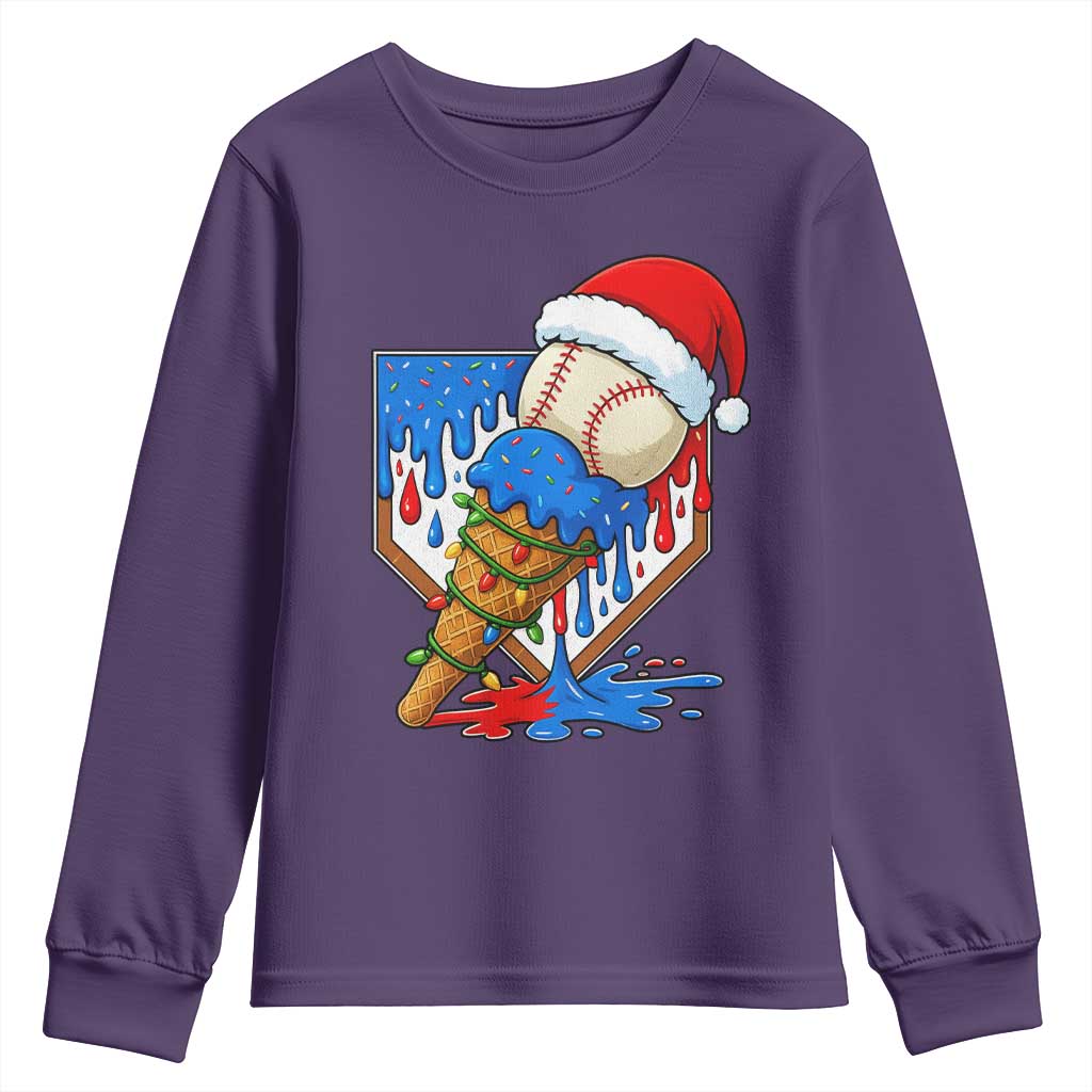 Christmas Baseball Ice Cream Drip Youth Sweatshirt Santa Sports Player Xmas Light Boys Baseball Bat TS10 Purple Print Your Wear