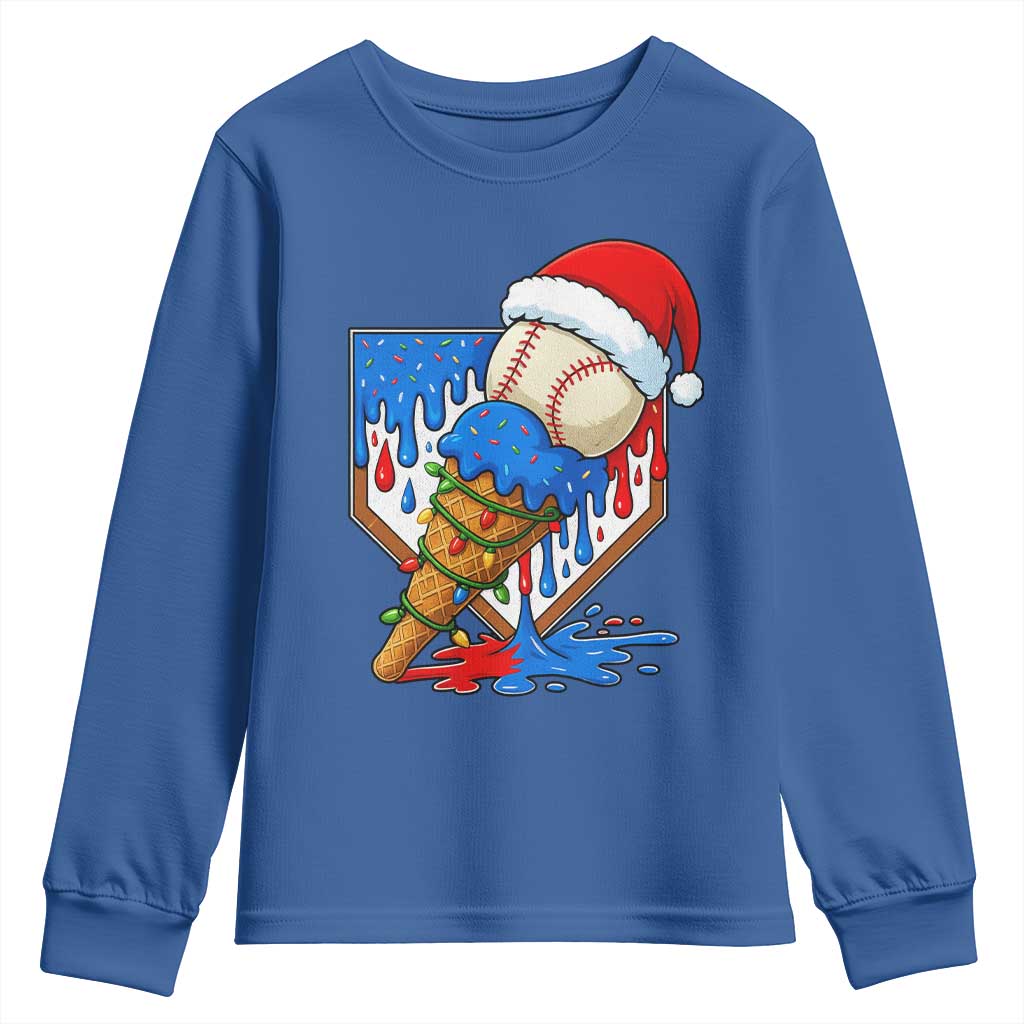 Christmas Baseball Ice Cream Drip Youth Sweatshirt Santa Sports Player Xmas Light Boys Baseball Bat TS10 Royal Blue Print Your Wear