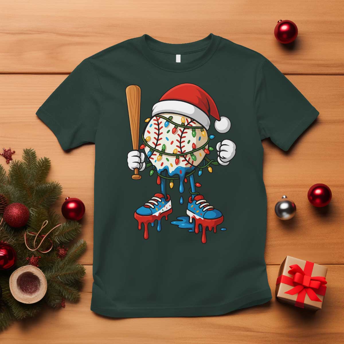 Christmas Baseball Ice Cream Drip T Shirt Santa Sports Xmas Baseball Player TS10 Dark Forest Green Print Your Wear