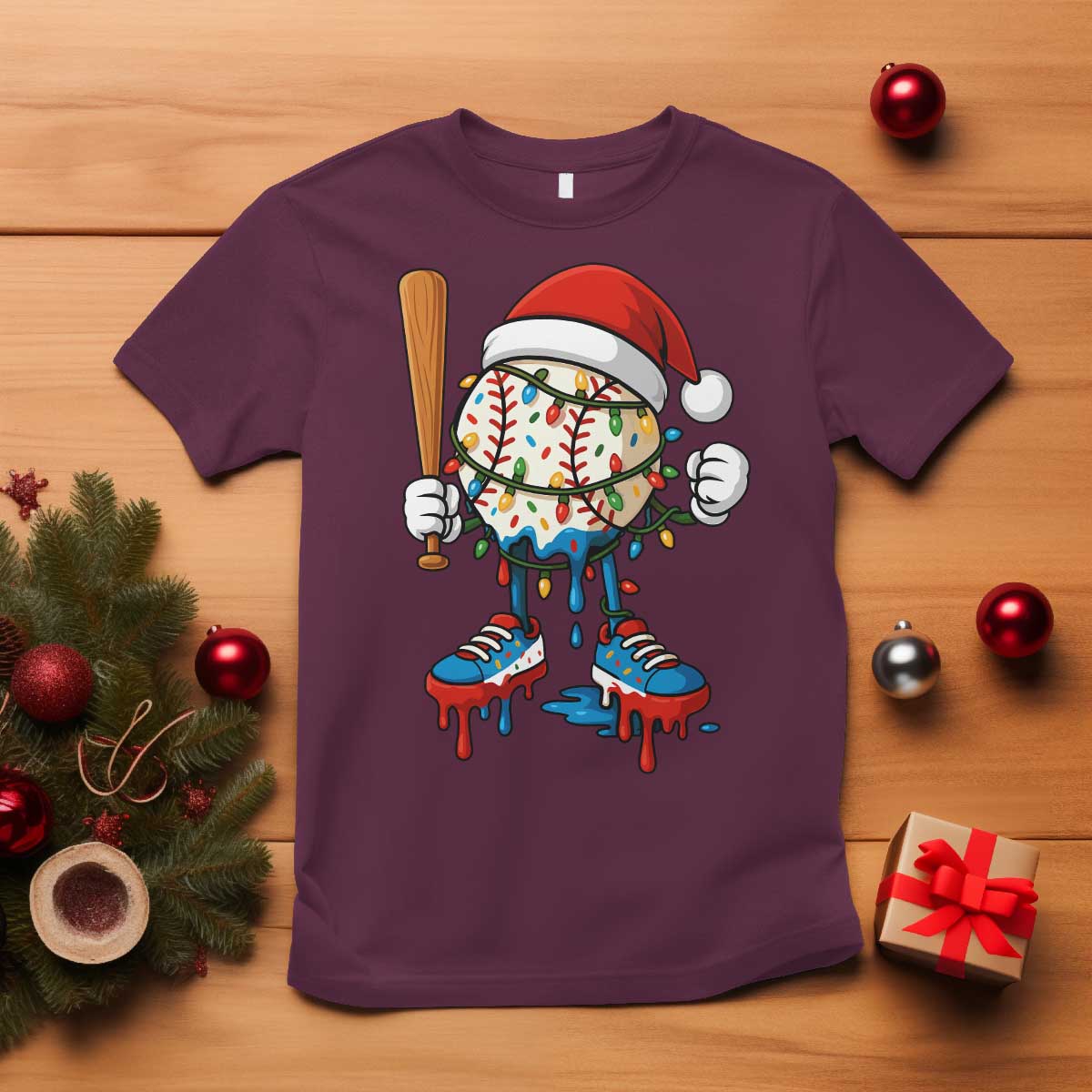 Christmas Baseball Ice Cream Drip T Shirt Santa Sports Xmas Baseball Player TS10 Maroon Print Your Wear