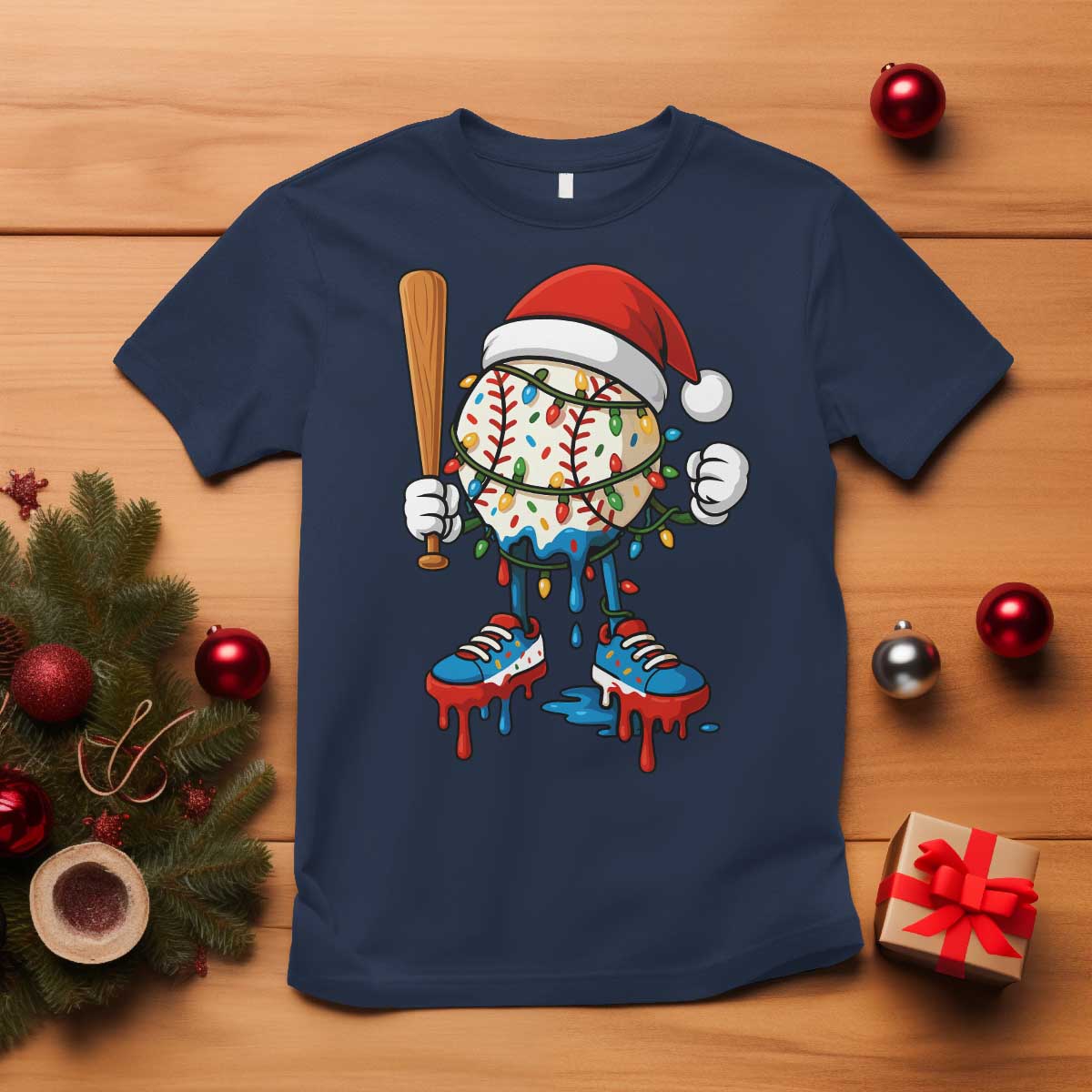 Christmas Baseball Ice Cream Drip T Shirt Santa Sports Xmas Baseball Player TS10 Navy Print Your Wear