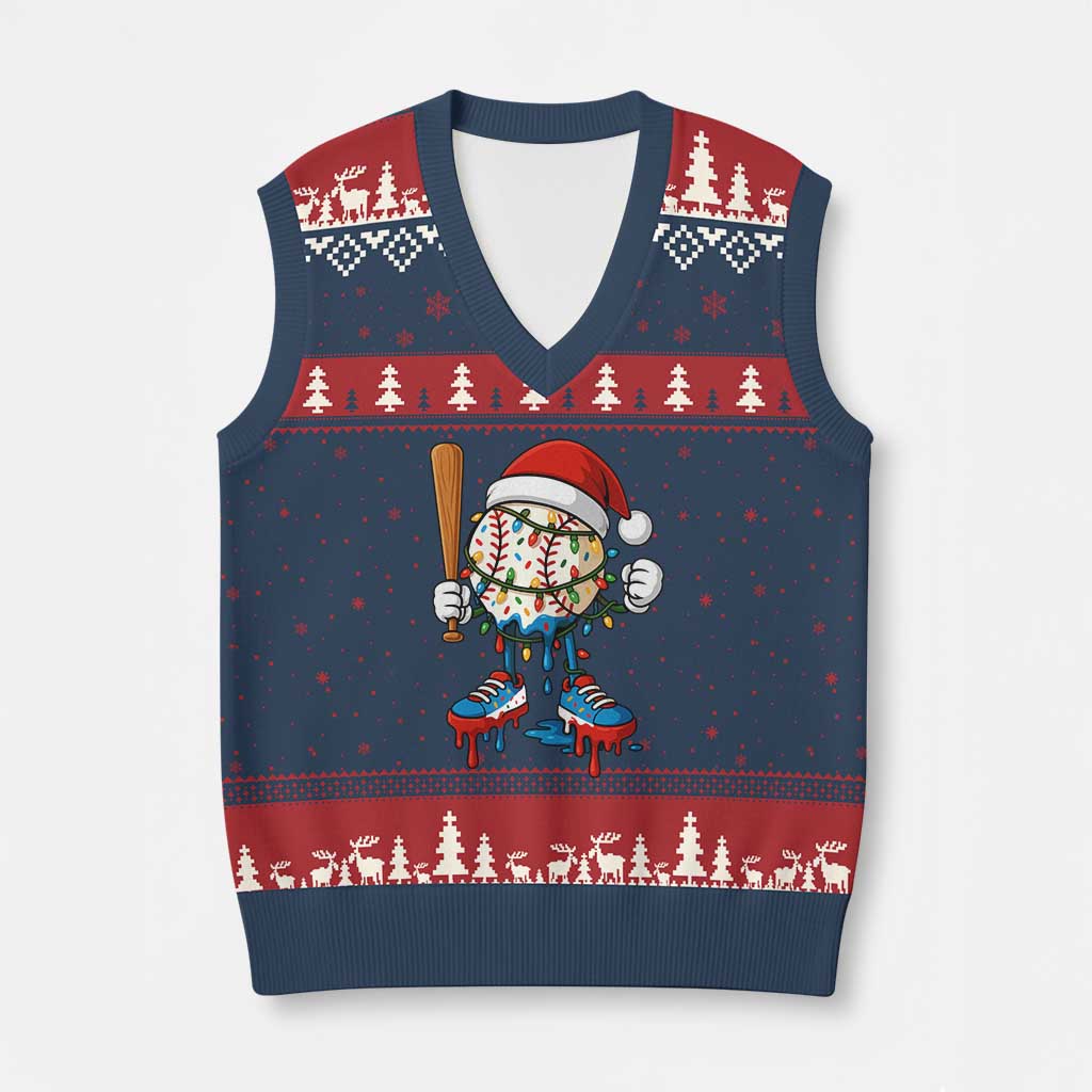 Xmas Baseball Ice Cream Drip V-Neck Knit Sweater Vest Santa Sports Xmas Baseball Player TS10 Navy Red Print Your Wear