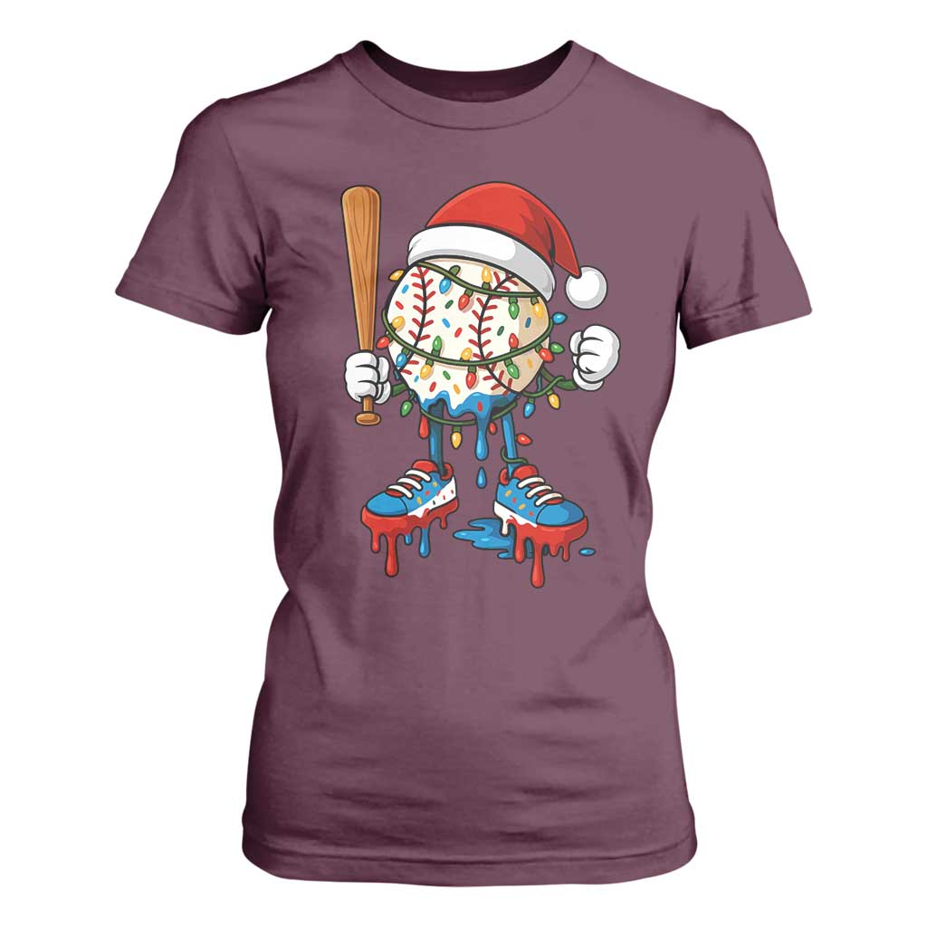 Christmas Baseball Ice Cream Drip T Shirt For Women Santa Sports Xmas Baseball Player TS10 Maroon Print Your Wear