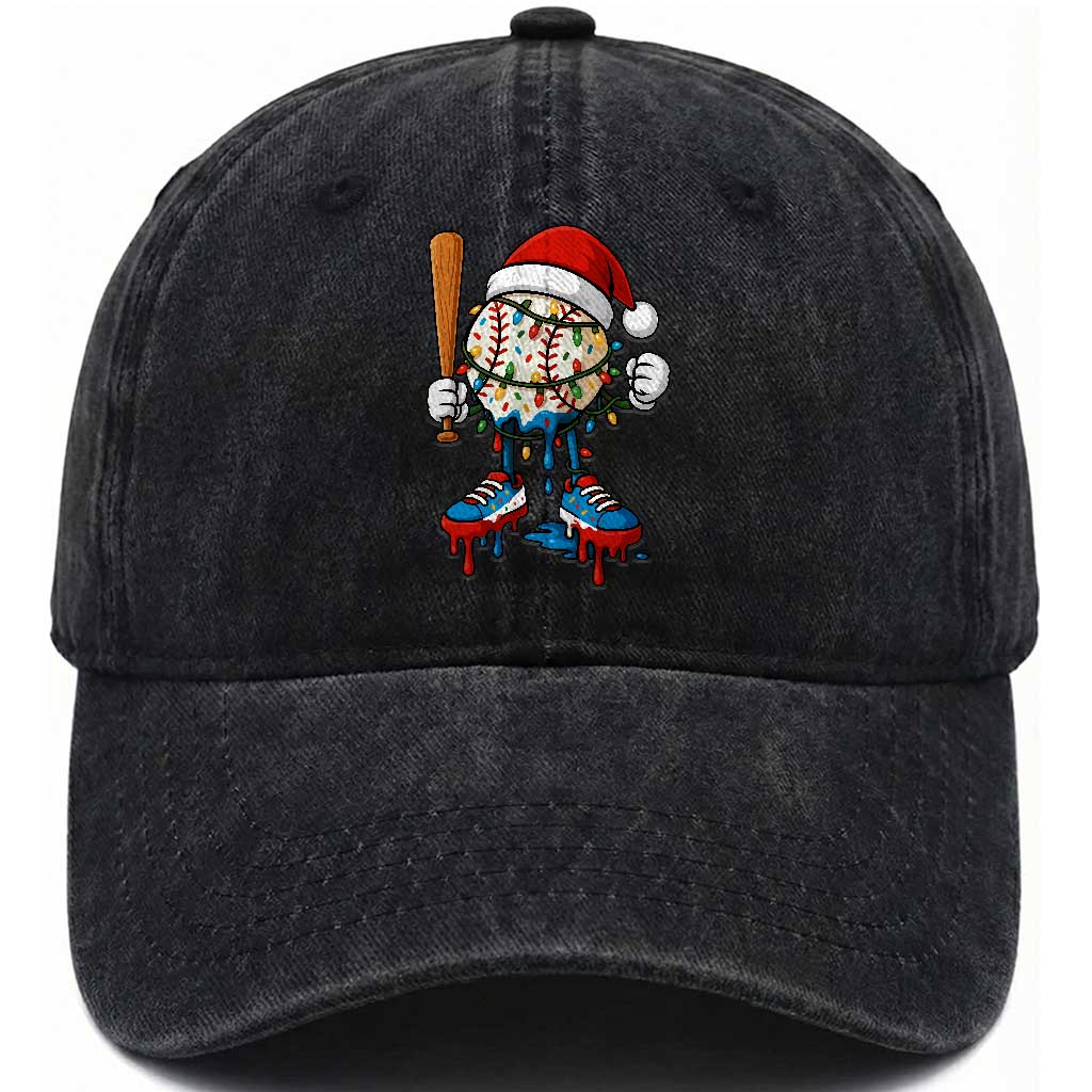 Christmas Baseball Ice Cream Drip Washed Cotton Baseball Cap Santa Sports Xmas Baseball Player TS10 Washed Cap Universal Fit Black Print Your Wear