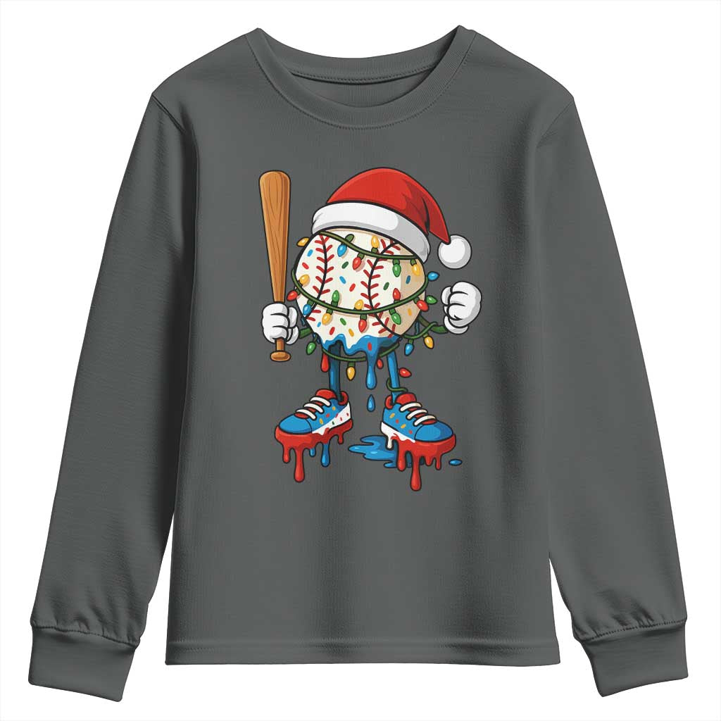 Christmas Baseball Ice Cream Drip Youth Sweatshirt Santa Sports Xmas Baseball Player TS10 Dark Heather Print Your Wear