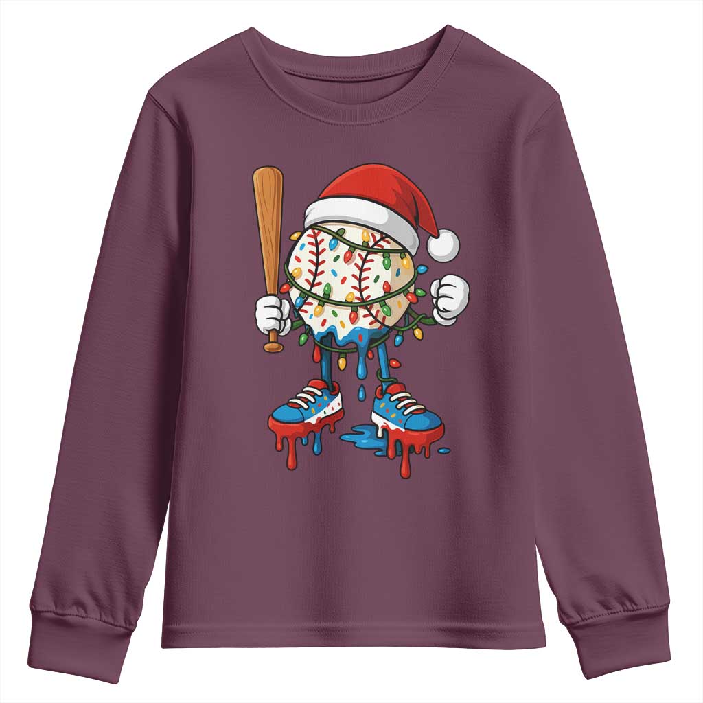 Christmas Baseball Ice Cream Drip Youth Sweatshirt Santa Sports Xmas Baseball Player TS10 Maroon Print Your Wear