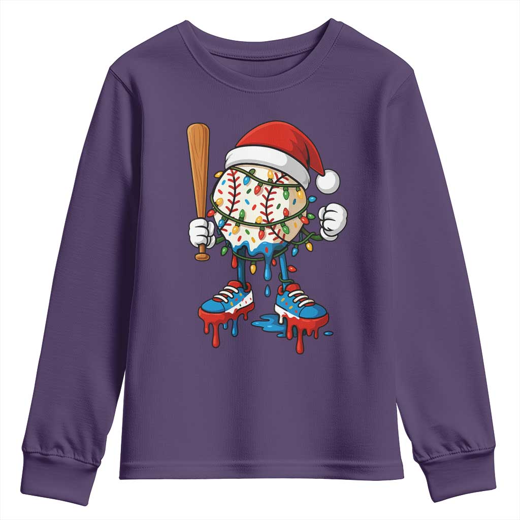 Christmas Baseball Ice Cream Drip Youth Sweatshirt Santa Sports Xmas Baseball Player TS10 Purple Print Your Wear
