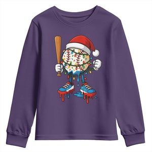 Christmas Baseball Ice Cream Drip Youth Sweatshirt Santa Sports Xmas Baseball Player TS10 Purple Print Your Wear
