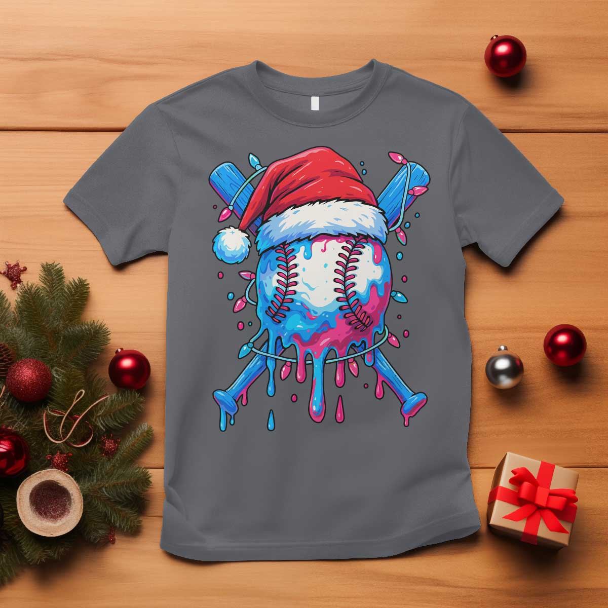 Christmas Baseball Ice Cream Drip T Shirt Santa Sports Xmas Light Boys Sprinkles Baseball Bat TS10 Charcoal Print Your Wear