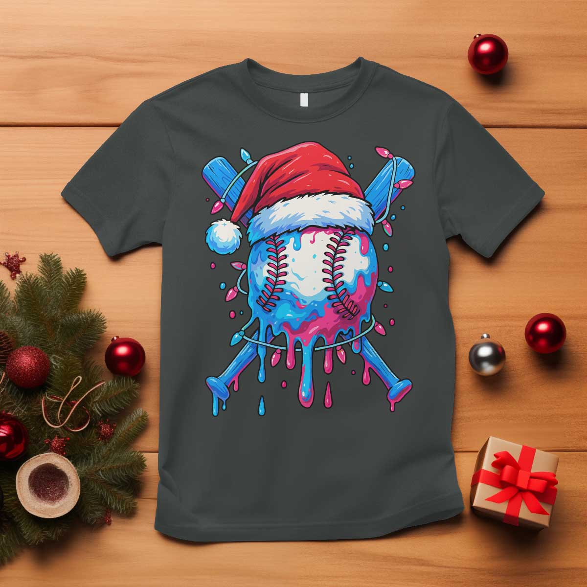 Christmas Baseball Ice Cream Drip T Shirt Santa Sports Xmas Light Boys Sprinkles Baseball Bat TS10 Dark Heather Print Your Wear