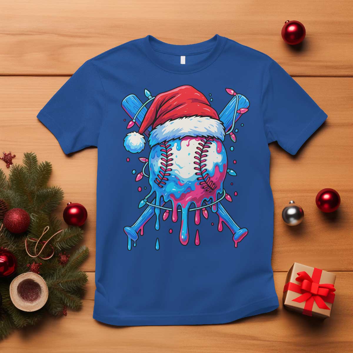 Christmas Baseball Ice Cream Drip T Shirt Santa Sports Xmas Light Boys Sprinkles Baseball Bat TS10 Royal Blue Print Your Wear