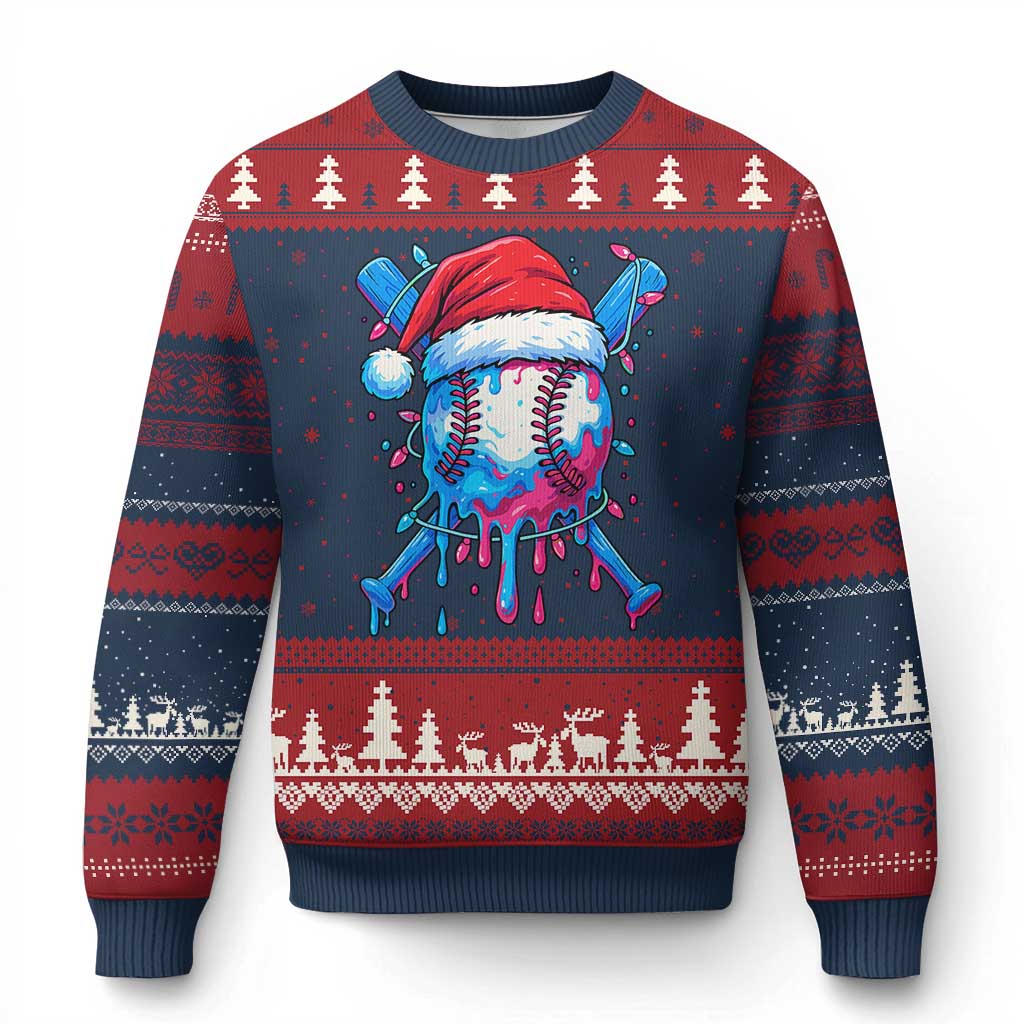 Xmas Baseball Ice Cream Drip Ugly Christmas Sweater Santa Sports Xmas Light Boys Sprinkles Baseball Bat TS10 Navy Red Print Your Wear